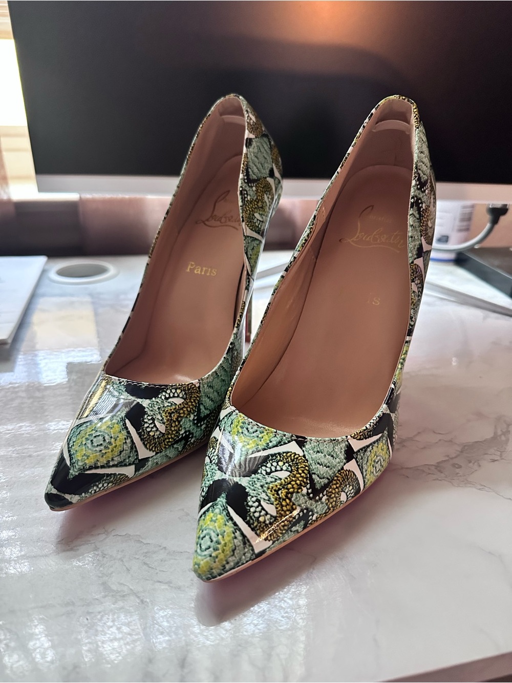 Christian Louboutin Green & Black Patterned Pointed Toe Pumps